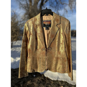 Cripple Creek Country Western Genuine Leather Jacket Womens L Gold Party Blazer
